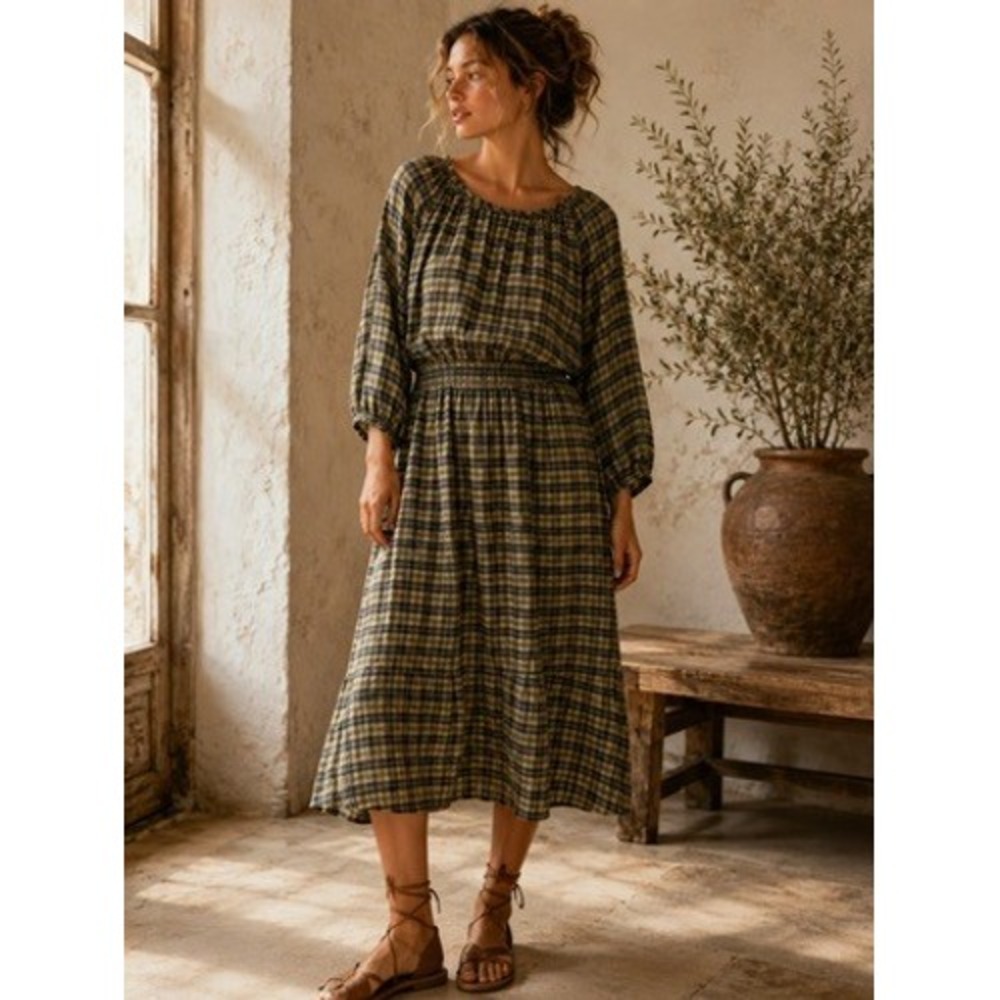 HM Women Olive Green Plaid‎ Open Back Midi Dress Long Sleeve Size M Raglan Check